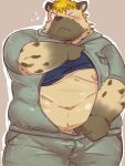  anthro belly blonde_hair blush brown_fur clothed clothing flying_sweatdrops fur hair hyaenid jumpsuit male mammal moobs navel nipples one_eye_closed open_shirt overweight overweight_male solo spots spotted_fur spotted_hyena sweat sweatdrop tight_clothing umyuta 