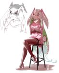  2019 absurd_res animal_humanoid antennae_(anatomy) arthropod arthropod_humanoid black_sclera blue_eyes breasts butt clothed clothing crossed_arms egocider female fishnet fishnet_legwear footwear fur green_hair hair hi_res high_heels humanoid insect insect_humanoid juniper_(egocider) legwear lepidopteran lepidopteran_humanoid long_hair looking_at_viewer moth neck_tuft open_mouth shoes simple_background sitting solo stool tuft white_fur white_hair 
