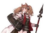  1girl animal_ears arknights bag black_gloves blush brown_eyes brown_hair closed_mouth duffel_bag eyebrows frown gloves hairband highres holding holding_weapon horse_ears long_hair long_sleeves looking_away mixkechin solo twintails weapon 