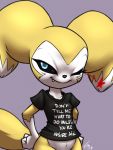  black_sclera bottomless clothed clothing digimon digimon_(species) fan_character female furball hi_res hybrid impmon one_eye_closed renamon renimpmon shirt short_stack solo topwear wink 