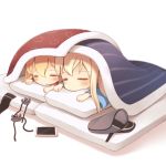  2girls anchor anchor_hair_ornament bangs bismarck_(kantai_collection) blanket blonde_hair blush chibi closed_eyes closed_mouth commentary_request covering eyebrows_visible_through_hair futon hair_between_eyes hair_ornament hat hat_removed headwear_removed kantai_collection long_hair long_sleeves lying mofu_namako multiple_girls on_stomach pajamas peaked_cap phone pillow prinz_eugen_(kantai_collection) ribbon sleeping under_covers 
