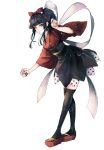  1girl bangs black_hair black_legwear bow character_request commentary_request copyright_request dice dress full_body hair_bow highres holding_dice red_bow red_eyes red_footwear sakuyu sidelocks simple_background solo thighhighs white_background wide_sleeves 