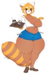  2019 5_fingers aggressive_retsuko ailurid anthro areola belly beverage big_breasts biped black_eyes bottomwear breasts cherrikissu clothed clothing cup digital_media_(artwork) female footwear front_view fur hi_res holding_object huge_hips mammal multicolored_fur nipples one_breast_out red_panda retsuko sanrio shirt shoes simple_background skirt slightly_chubby solo thick_thighs topwear torn_clothing tray voluptuous wardrobe_malfunction white_background wide_hips 