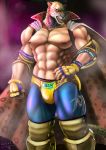  2016 abs animal_head areola biceps black_sclera black_spots blue_clothing cape clothing erect_nipples felid fist for_a_head front_view fur hand_on_hip hi_res jaguar king_(tekken) kkerotix looking_at_viewer male mammal muscular muscular_male navel nipples open_mouth pantherine pattern_clothing pecs pink_areola pink_nipples pink_tongue quads red_eyes sharp_teeth solo spots spotted_clothing spotted_fur standing teeth tekken tongue video_games whiskers white_fur yellow_clothing yellow_fur 