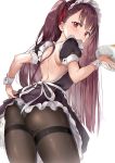  1girl absurdres alternate_costume apron bangs blush breasts brown_legwear dress dress_lift enmaided eyebrows_visible_through_hair from_behind girls_frontline hair_ribbon half_updo highres holding holding_tray large_breasts long_hair looking_at_viewer looking_back maid maid_headdress one_side_up panties panties_under_pantyhose pantyhose purple_dress purple_hair red_eyes ribbon saya_(mychristian2) simple_background solo thighband_pantyhose tray tsurime underwear v-shaped_eyebrows very_long_hair wa2000_(girls_frontline) white_background white_panties wrist_cuffs 