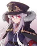  1girl absurdres armband cape choker commentary emblem girls_frontline hat highres iron_cross kar98k_(girls_frontline) military military_hat military_uniform peaked_cap red_eyes solo suprii uniform white_hair 