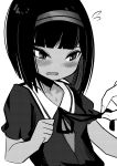  1girl bangs blush collared_dress dark_skin fingernails flying_sweatdrops greyscale hairband highres monochrome open_mouth original out_of_frame short_hair short_sleeves simple_background solo_focus toy_box-r upper_body upper_teeth white_background 