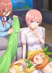  3girls aquarium bangs blanket blue_cardigan blue_eyes bow breasts brown_hair cardigan cleavage closed_mouth collared_shirt commentary_request couch dress_shirt finger_to_mouth go-toubun_no_hanayome green_ribbon green_skirt hair_between_eyes hair_ribbon headphones headphones_around_neck indoors large_breasts long_hair long_sleeves looking_at_viewer lying medium_hair multiple_girls nakano_ichika nakano_miku nakano_yotsuba on_lap open_mouth orange_hair pink_hair pleated_skirt ribbon saliva shirt short_hair shushing skirt sleeping solo thighs tsuchifumazu vest white_shirt yellow_vest 