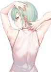  androgynous back earrings from_behind green_hair hand_on_own_head hand_on_own_neck highres jewelry konbu_wakame looking_back nape nijisanji purple_eyes red_nails ryuushen short_hair shoulder_blades virtual_youtuber 