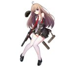  1girl ahoge allenes bangs beretta_model_38_(girls_frontline) black_skirt blue_eyes blush closed_mouth damaged girls_frontline gun hat hat_removed headwear_removed holding holding_gun holding_weapon light_brown_hair long_hair long_sleeves military military_hat military_uniform necktie official_art pleated_skirt pocket pout red_neckwear shirt shoes skirt solo submachine_gun thighhighs torn_clothes torn_hat torn_legwear torn_shirt torn_skirt transparent_background uniform weapon white_legwear 