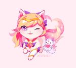  &lt;3 ahri_(lol) ambiguous_gender blush domestic_cat dot_eyes duo felid feline felis female feral feralized fur hair justduet league_of_legends looking_at_viewer mammal one_eye_closed open_mouth orange_hair pink_fur pink_tongue purple_eyes riot_games size_difference tan_fur tongue video_games white_fur 