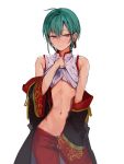  1other ahoge androgynous bare_shoulders blush chinese_clothes earrings green_hair highres jewelry konbu_wakame lifted_by_self navel nijisanji pants_pull pulled_by_self purple_eyes ryuushen shirt_lift short_hair stomach virtual_youtuber 