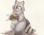  2019 anthro belly blush fur grey_fur hi_res humanoid_hands japanese_text male mammal procyonid raccoon simple_background slightly_chubby solo text tinntira tongue tongue_out 