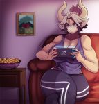  1girl bowl breasts cathyl couch crossed_legs dark_skin ezzyecchi highres horns image_sample large_breasts minotaur monster_musume_no_iru_nichijou muscle muscular_female nintendo_switch painting_(object) playing_games purple_eyes short_hair sportswear tall_female thick_eyebrows thick_thighs thighs twitter_sample 