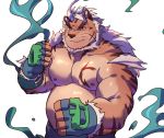  2019 absurd_res anthro belly felid guojun2333 hi_res hombretigre humanoid_hands male mammal moobs nipples overweight overweight_male pantherine scar simple_background solo tiger tokyo_afterschool_summoners video_games white_background 