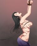  1girl black_hair blood blush bound breasts brown_background closed_eyes gradient gradient_background grey_background groin highres huieii large_breasts long_hair navel nico_robin nipples no_bra one_piece open_mouth pain restrained screaming shiny shiny_hair shiny_skin simple_background solo sweat tears tied_up topless torture whip whipping 