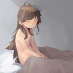  1girl absurdres arashio_(kantai_collection) bangs blanket breasts brown_hair closed_eyes commentary_request eyebrows_visible_through_hair highres kantai_collection long_hair nipples nude sitting small_breasts solo swept_bangs tsuzuri_(tu-san_house) very_long_hair waking_up 