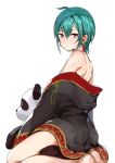  ahoge androgynous blush chinese_clothes ear_piercing earrings green_hair jewelry konbu_wakame nijisanji off_shoulder piercing purple_eyes ryuushen short_hair stuffed_animal stuffed_panda stuffed_toy virtual_youtuber 