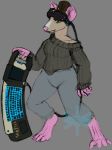  4_toes 5_fingers anthro brown_hair clothing female frostwyrm102 fur hair mammal murid murine rat rodent simple_background solo toes traditional_media_(artwork) vr_headset 
