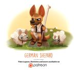  bovid canid canine canis caprine chin_in_hand clothing cryptid-creations domestic_dog footwear frown german_shepherd grass herding_dog hill mammal pastoral_dog patreon rock sandals sheep shepherd staff 