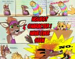  2012 anthro canid canine cervid clothed clothing comic desk dialogue english_text excited female fox fur green_eyes hair humor male mammal monster shadowwolf sharp_teeth shocked sitting smile teeth text the_truth tongue tongue_out 