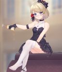  1girl alternate_costume azur_lane bare_shoulders black_gloves blonde_hair blush breasts commentary_request cup drinking_glass flower gloves hair_flower hair_ornament highres jewelry kuaua necklace purple_eyes rose short_hair sitting solo thighhighs white_legwear wine_glass z23_(azur_lane) 