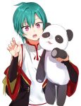  1other ahoge androgynous chinese_clothes earrings green_hair highres jewelry konbu_wakame nijisanji open_mouth purple_eyes ryuushen short_hair stuffed_animal stuffed_panda stuffed_toy surprised upper_body virtual_youtuber 