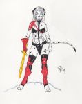  absurd_res armor canid canine canis charlene_palmer clothed clothing dalmatian domestic_dog dreadwolfclaw1990 fantasy female heavy_metal hi_res invalid_tag looking_at_viewer mammal melee_weapon pasties solo sword topless warrior weapon 