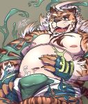  2019 absurd_res anthro belly bulge clothing felid hachura hi_res hombretigre humanoid_hands invalid_character male mammal moobs navel nipples overweight overweight_male pantherine scar simple_background solo tiger tokyo_afterschool_summoners underwear video_games 