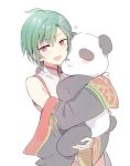  ahoge androgynous blush earrings fang green_hair hug jewelry konbu_wakame long_sleeves nijisanji open_mouth purple_eyes ryuushen short_hair stuffed_animal stuffed_panda stuffed_toy virtual_youtuber 