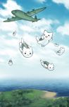  :3 aircraft airplane ambiguous_gender blue_sky blush cloud day domestic_cat dot_eyes felid feline felis fur group justduet mammal open_mouth open_smile parachute sea sky skydiving smile tree water white_fur 