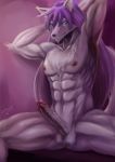  abs anthro areola balls biceps blue_eyes canid canine cheek_tuft chest_tuft chin_tuft ear_tuft elbow_tufts erect_nipples erection fur glans hair hands_behind_head hi_res humanoid_penis inner_ear_fluff kkerotix male mammal muscular muscular_male nipples nude pecs penis purple_fur purple_hair quads raised_arm red_glans retracted_foreskin sitting tuft uncut 