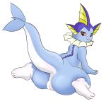  1:1 4_toes blue_skin butt countershade_tail countershade_torso countershading eeveelution female hi_res looking_at_viewer looking_back markings mohurin nintendo pok&eacute;mon pok&eacute;mon_(species) presenting presenting_hindquarters pussy rear_view red_eyes snout socks_(marking) solo toes tongue tongue_out vaporeon video_games white_countershading white_skin 