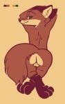  2019 anthro backsack balls brown_ears butt canid canine color_swatch crossed_legs disney fox fuel_(artist) gloves_(marking) green_eyes hi_res looking_at_viewer looking_back male mammal markings nick_wilde nude orange_background rear_view red_fox restricted_palette simple_background smile socks_(marking) solo zootopia 