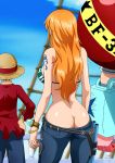  1girl 2boys ass bikini breasts butt_crack carrotluvr franky from_behind hat highres large_breasts log_pose long_hair monkey_d_luffy multiple_boys nami_(one_piece) no_panties one_piece orange_hair outdoors pants shiny shiny_hair shiny_skin sky straw_hat striped striped_bikini swimsuit swimwear tattoo 