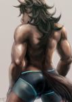  anthro balls black_hair blue_clothing blue_swimwear brown_eyes brown_fur butt clothed clothing equid equine fur hair hi_res horse kkerotix looking_aside male mammal muscular muscular_male rear_view simple_background swimwear tight_clothing topless 