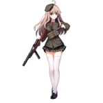  1girl ahoge allenes bangs beretta_model_38_(girls_frontline) black_skirt blue_eyes blush closed_mouth flower girls_frontline gun hair_ornament hairclip hat holding holding_gun holding_weapon light_brown_hair long_hair long_sleeves military military_hat military_uniform necktie official_art pleated_skirt pocket red_neckwear shoes skirt smile solo submachine_gun thighhighs transparent_background uniform weapon white_legwear 