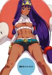  1girl abs absurdres blush breasts breasts_apart crop_top dark_skin earrings egyptian facial_mark fate/grand_order fate_(series) hairband highres hoop_earrings jewelry long_hair looking_at_viewer medium_breasts medjed meme_attire midriff navel nitocris_(fate/grand_order) no_bra open-chest_sweater open_mouth panties purple_eyes purple_hair scan short_shorts shorts signature solo suna sweater toned underboob underwear very_long_hair white_panties 