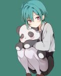  age_regression ahoge androgynous blush green_hair highres hug konbu_wakame nijisanji pantyhose purple_eyes ryuushen short_hair skirt squatting stuffed_animal stuffed_panda stuffed_toy suspender_skirt suspenders virtual_youtuber white_legwear younger 