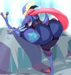  absurd_res amphibian anthro big_butt blue_skin breasts butt clothed clothing female greninja hi_res huge_butt long_tongue nintendo pok&eacute;mon pok&eacute;mon_(species) solo stretching tongue trinity-fate62 video_games water waterfall webbed_feet 
