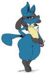  2019 3_toes absurd_res anthro blue_fur breasts brown_eyes bunihud canid canine digital_media_(artwork) eyelashes female fur hand_on_hip hi_res looking_at_viewer lucario mammal neck_tuft nintendo pawpads pok&eacute;mon pok&eacute;mon_(species) simple_background solo spikes standing thick_thighs toes tuft video_games white_background wide_hips 