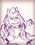  anthro armor canid canine canis demon facial_hair hair heylaw21 line_art male mammal marchosias scar simple_background solo tokyo_afterschool_summoners video_games white_background wolf 