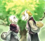  asgore_dreemurr basket bigsosiskafedya blonde_hair blurred_background boss_monster bovid caprine clothed clothing duo facing_each_other female flower fur hair hands_behind_back holding_object horn long_ears male mammal open_mouth plant toriel undertale video_games white_fur 