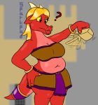 anthro belly big_belly big_breasts blonde_hair bottomwear breasts cleavage clothed clothing dragon hair hand_on_hip magma_(sparkpad) skirt slightly_chubby sparkpad standing tail_ring tube_top voluptuous wide_hips 