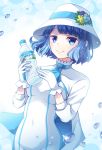  1girl blue_eyes blue_hair blue_neckwear bottle breasts covered_navel dress flower gloves hat hat_flower highres holding holding_bottle looking_at_viewer short_hair smile solo standing suntory suntory_nomu virtual_youtuber water water_bottle white_gloves white_headwear 