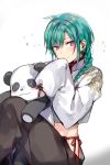  ahoge androgynous blush chinese_clothes ear_piercing earrings green_hair highres jewelry konbu_wakame long_sleeves midriff nijisanji piercing purple_eyes ryuushen short_hair stuffed_animal stuffed_panda stuffed_toy virtual_youtuber 