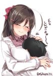  1boy 1girl admiral_(kantai_collection) ahoge bangs black_hair blush breast_press breasts brown_hair closed_eyes closed_mouth ebifurya eyebrows_visible_through_hair hair_ornament hair_ribbon hairclip highres kantai_collection kappougi long_hair long_sleeves mamiya_(kantai_collection) petting ponytail ribbon simple_background smile translation_request twitter_username upper_body white_background 