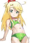  1girl :3 absurdres ahoge ass_visible_through_thighs bangs bare_arms bare_shoulders bikini blonde_hair bow closed_mouth commentary_request eyebrows_visible_through_hair green_bikini green_eyes hair_bow highres himesaka_noa long_hair mammoth9878 navel ponytail red_bow simple_background smile solo swimsuit thick_eyebrows watashi_ni_tenshi_ga_maiorita! white_background 