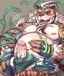  2019 absurd_res anthro belly blush clothing erection felid hachura hi_res hombretigre humanoid_hands humanoid_penis invalid_character male mammal moobs navel nipples overweight overweight_male pantherine penis scar simple_background solo tiger tokyo_afterschool_summoners underwear video_games 