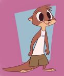  2019 abstract_background ambiguous_gender anthro barefoot blue_background bottomwear clothed clothing cute_fangs fuel_(artist) head_tuft lutrine mammal mustelid oliver_(fuel) open_mouth open_smile pink_background shirt shorts simple_background smile solo standing style_parody tank_top topwear white_background 